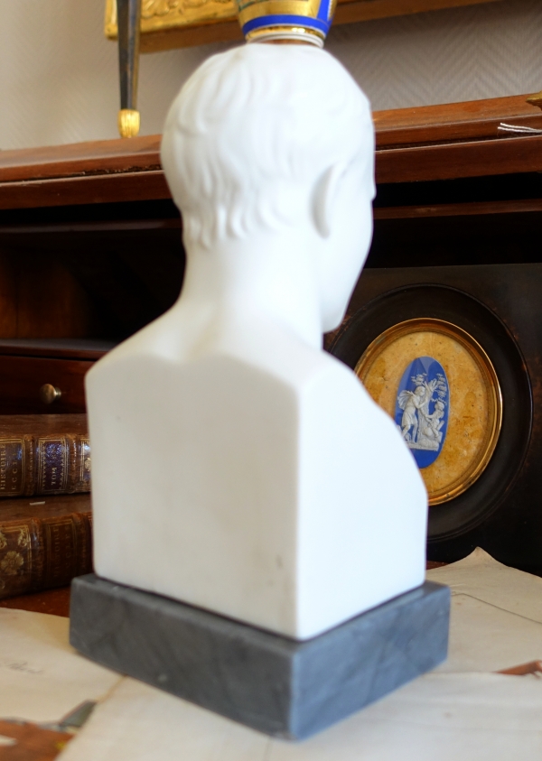 Bust of Napoleon Emperor as Hermes after Chaudet, porcelain biscuit on a Turquin blue marble base