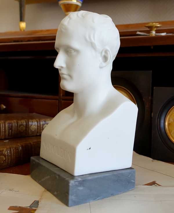 Bust of Napoleon Emperor as Hermes after Chaudet, porcelain biscuit on a Turquin blue marble base