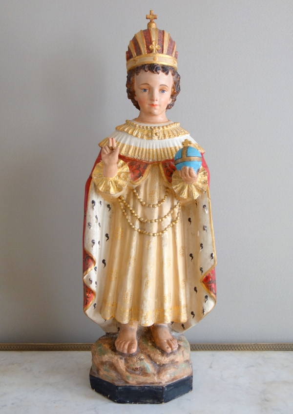Grande statue de dévotion ou chapelle : l'Enfant Jésus de Prague, plâtre polychrome doré - XIXe siècle