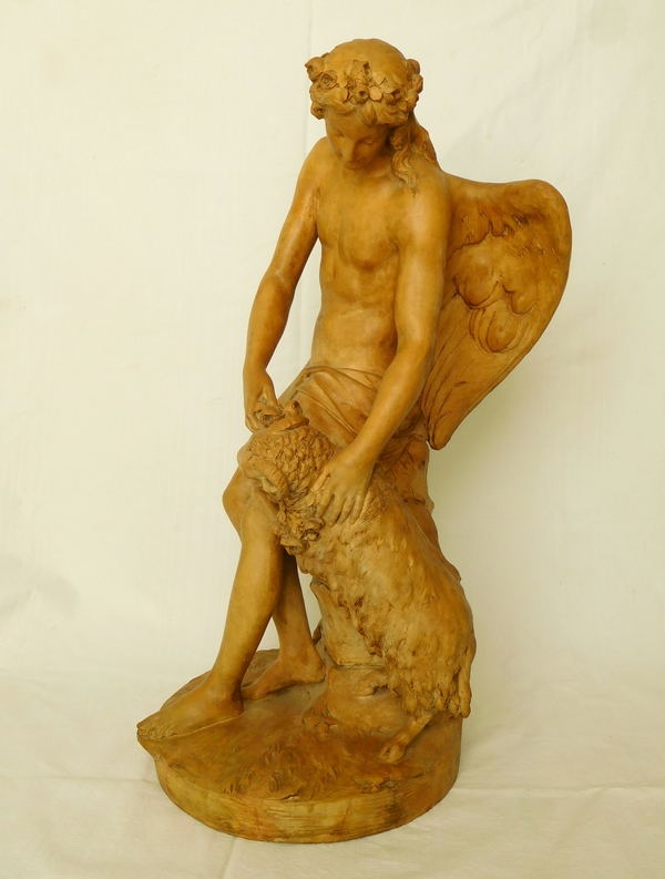 Tall allegorical terracotta sculpture : spring genie after late 18th century Martin Claude Monot 