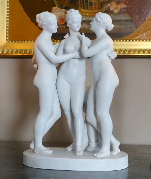 Les 3 Grâces, grand sujet mythologique en biscuit de porcelaine, époque XIXe - 36,3cm