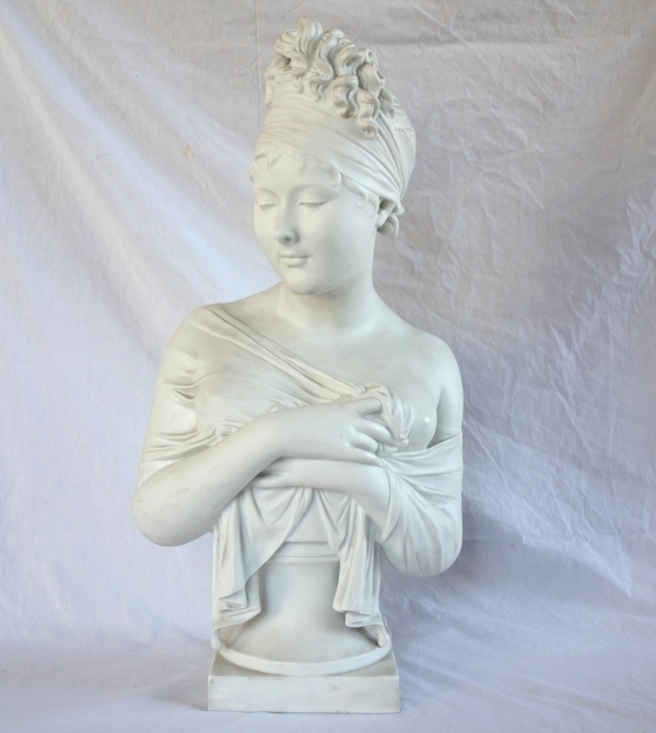 Tall biscuit bust featuring Madame Recamier after Houdon - 57cm