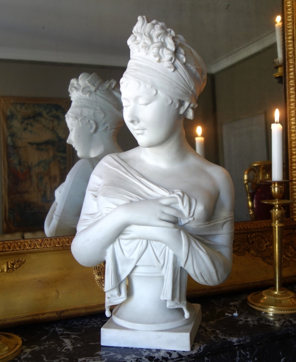 Tall biscuit bust featuring Madame Recamier after Houdon - 57cm