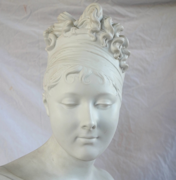 Tall biscuit bust featuring Madame Recamier after Houdon - 57cm