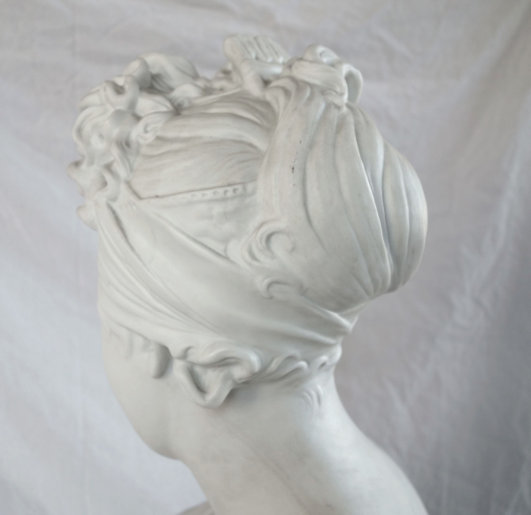 Tall biscuit bust featuring Madame Recamier after Houdon - 57cm