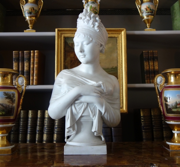 Tall biscuit bust featuring Madame Recamier after Houdon - 57cm