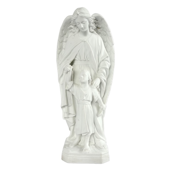Grande statue d'Ange Gardien, biscuit de porcelaine, objet religieux traditionaliste - XIXe siècle