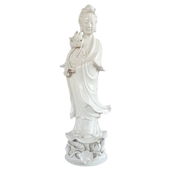 Grande statue Guanyin en porcelaine blanc de Chine - 50cm - décor de chinoiseries / cabinet chinois