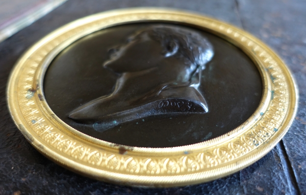 Grand médaillon : portrait de Napoleon en Empereur Romain : bronze patiné et doré