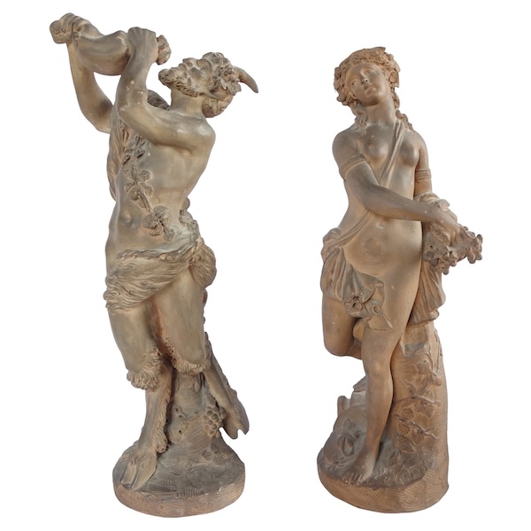 Pair of terracotta statues picturing a Faun and a Maenad, Louis XVI style after Clodion