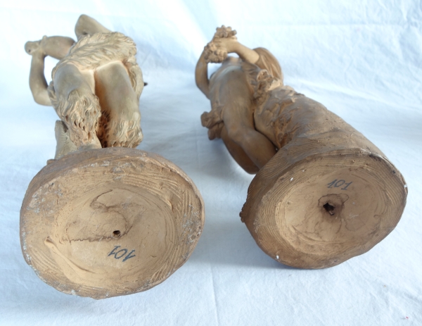 Pair of terracotta statues picturing a Faun and a Maenad, Louis XVI style after Clodion