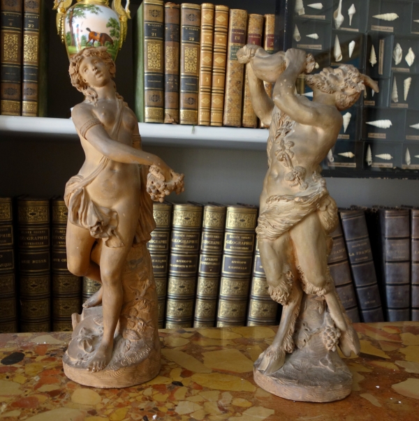 Pair of terracotta statues picturing a Faun and a Maenad, Louis XVI style after Clodion