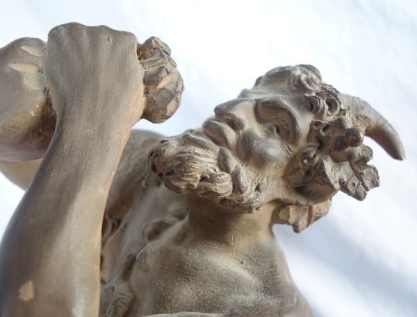 Pair of terracotta statues picturing a Faun and a Maenad, Louis XVI style after Clodion