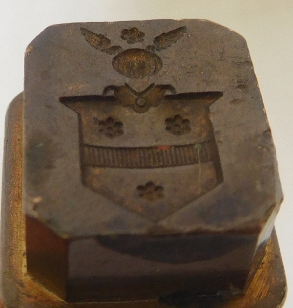 Barbedienne : sceau à cacheter armoirié en bronze, signé : buste de philosophe Grec