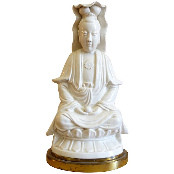 Chinese porcelain Guanyin statue, bronze base - late 19th century