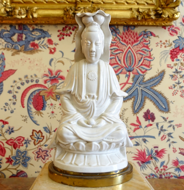 Chinese porcelain Guanyin statue, bronze base - late 19th century