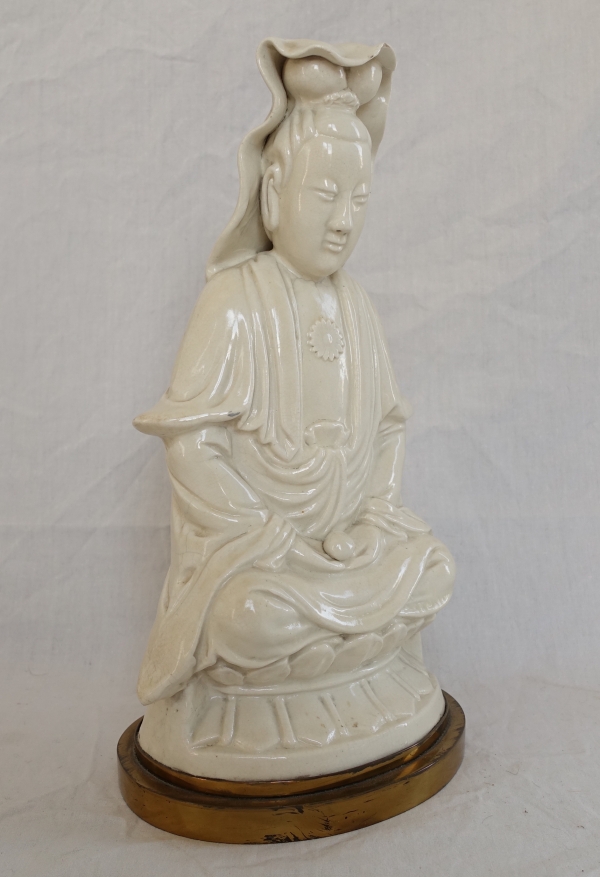 Chinese porcelain Guanyin statue, bronze base - late 19th century