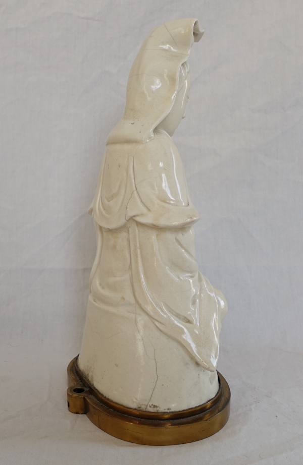 Chinese porcelain Guanyin statue, bronze base - late 19th century