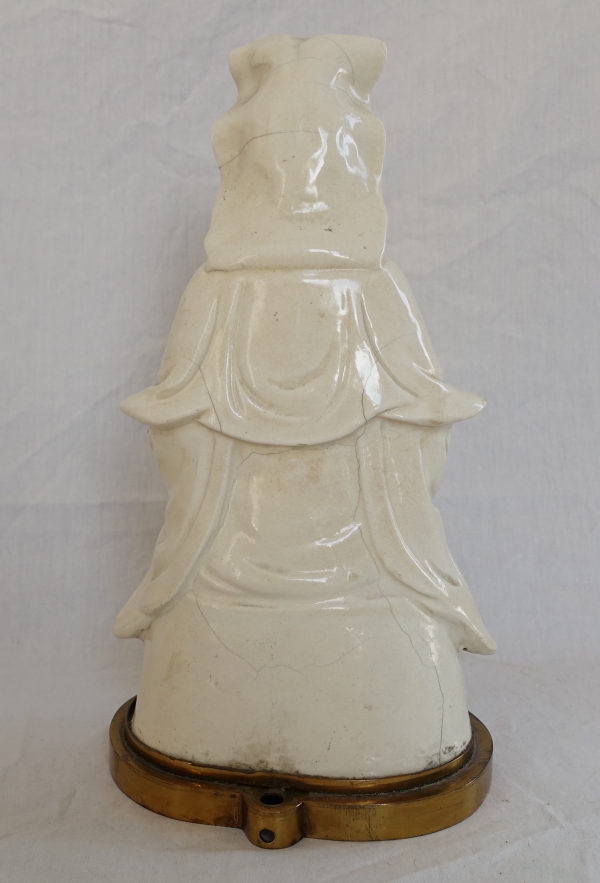 Chinese porcelain Guanyin statue, bronze base - late 19th century