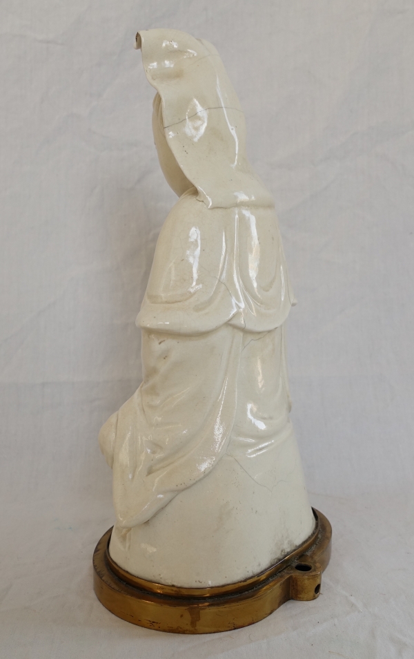 Chinese porcelain Guanyin statue, bronze base - late 19th century