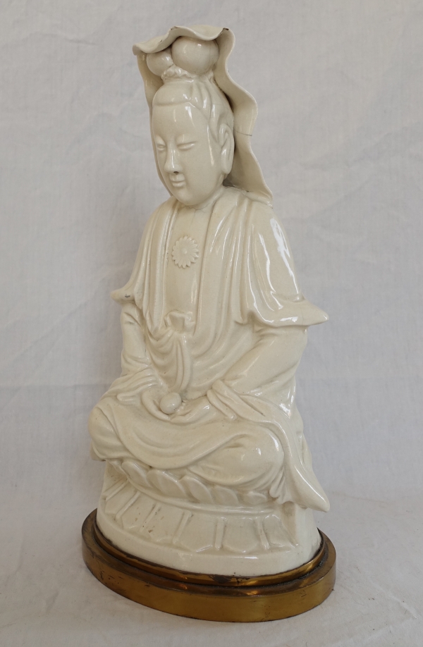 Chinese porcelain Guanyin statue, bronze base - late 19th century