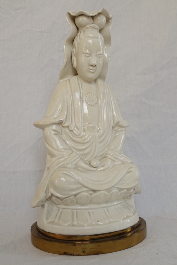 Chinese porcelain Guanyin statue, bronze base - late 19th century