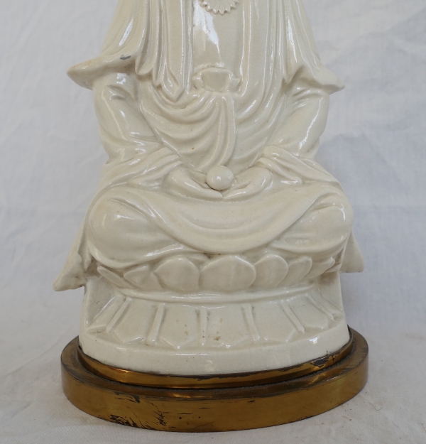 Chinese porcelain Guanyin statue, bronze base - late 19th century