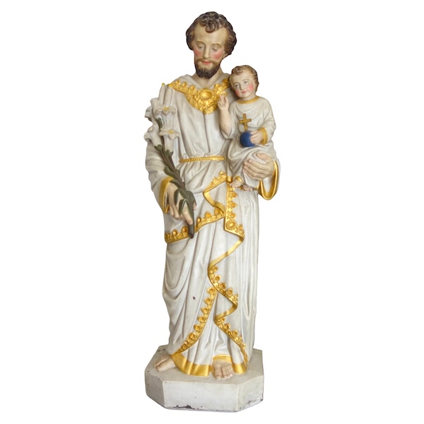Tall polychromatic and gilt plaster statue of St Joseph holding Jesus Child - 19th century