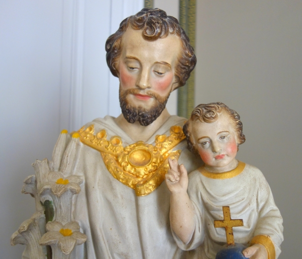 Tall polychromatic and gilt plaster statue of St Joseph holding Jesus Child - 19th century