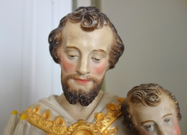 Tall polychromatic and gilt plaster statue of St Joseph holding Jesus Child - 19th century