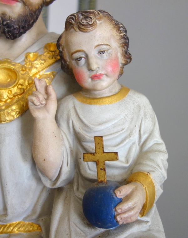 Tall polychromatic and gilt plaster statue of St Joseph holding Jesus Child - 19th century