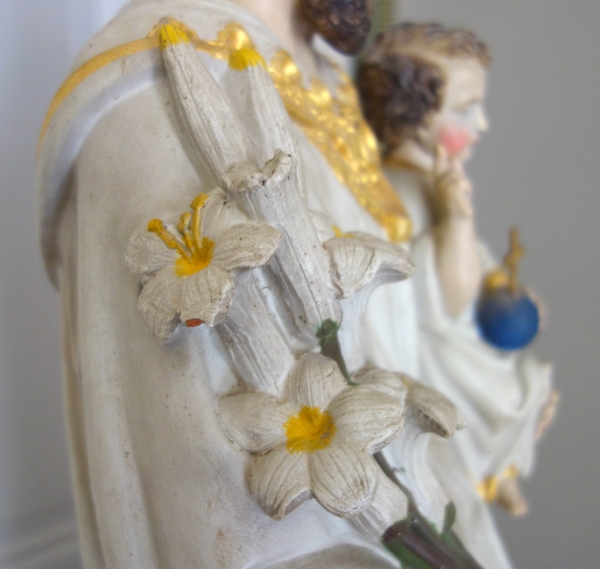 Tall polychromatic and gilt plaster statue of St Joseph holding Jesus Child - 19th century