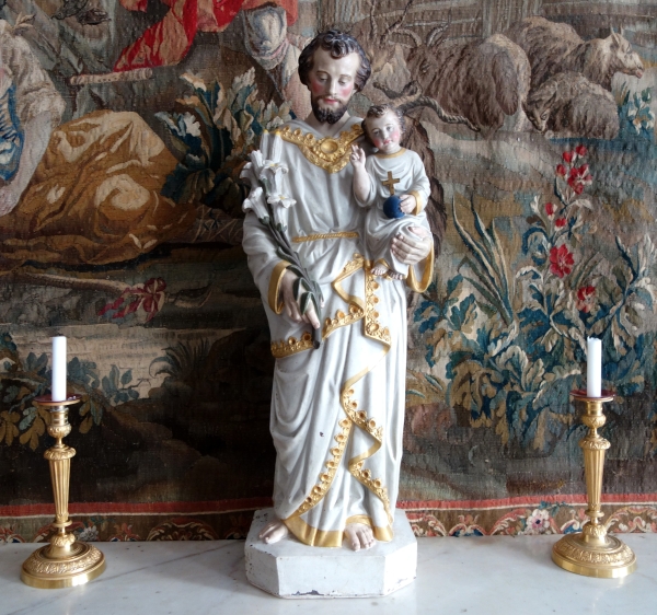 Tall polychromatic and gilt plaster statue of St Joseph holding Jesus Child - 19th century