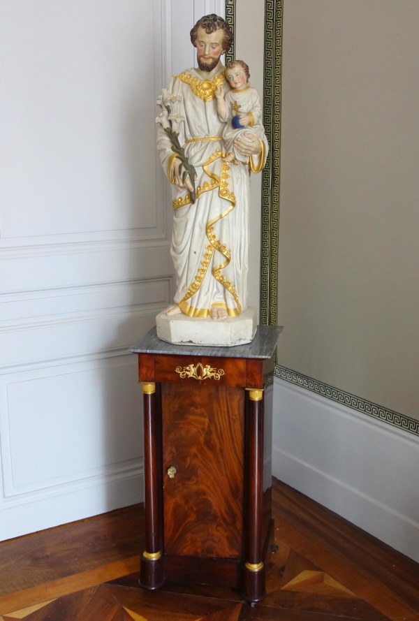 Tall polychromatic and gilt plaster statue of St Joseph holding Jesus Child - 19th century