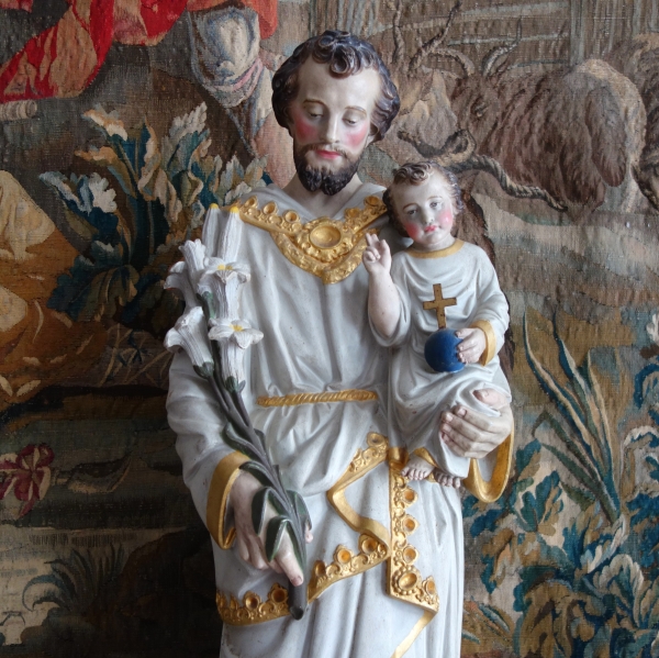 Tall polychromatic and gilt plaster statue of St Joseph holding Jesus Child - 19th century