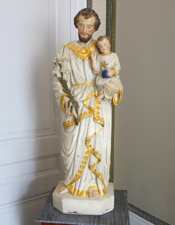 Tall polychromatic and gilt plaster statue of St Joseph holding Jesus Child - 19th century