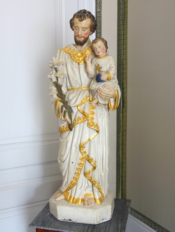 Tall polychromatic and gilt plaster statue of St Joseph holding Jesus Child - 19th century
