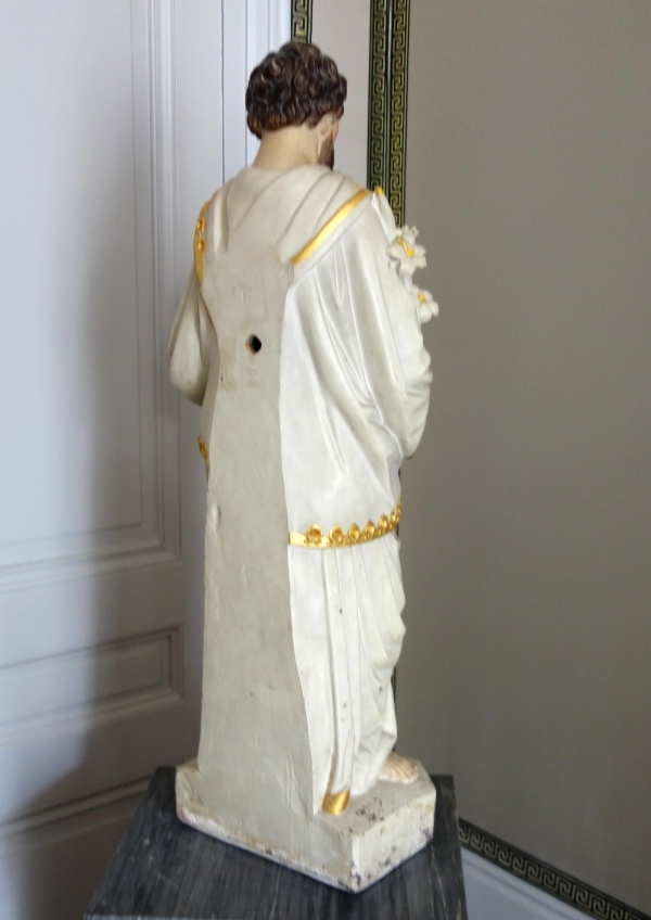 Tall polychromatic and gilt plaster statue of St Joseph holding Jesus Child - 19th century