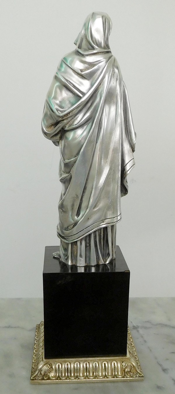 Statue Vierge à l'Enfant en bronze argenté sur socle en ébène - 39cm
