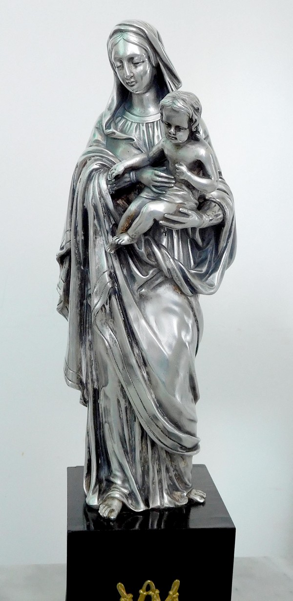 Statue Vierge à l'Enfant en bronze argenté sur socle en ébène - 39cm