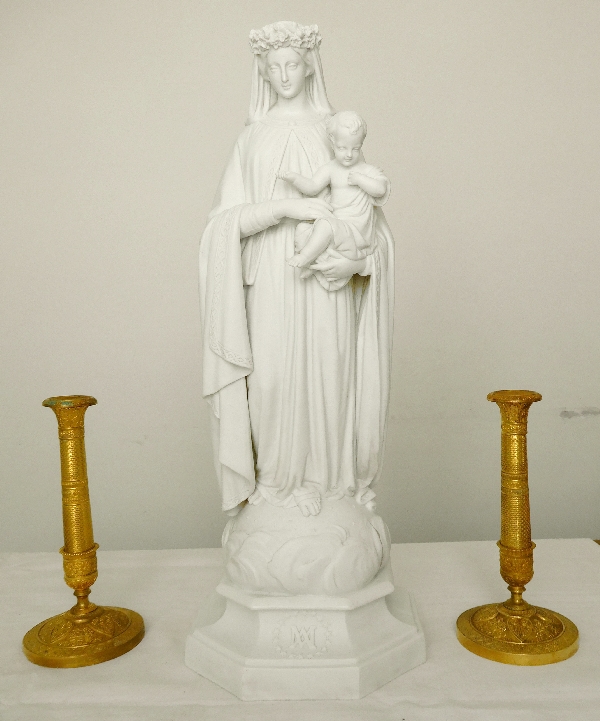 Tall porcelain biscuit statue : Virgin Mary and Child - France circa 1860