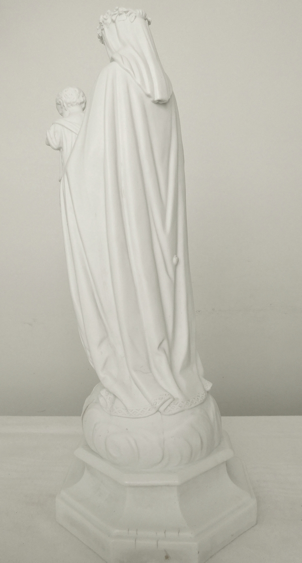Tall porcelain biscuit statue : Virgin Mary and Child - France circa 1860