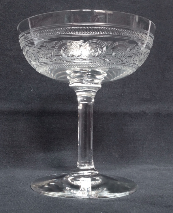 Baccarat crystal champagne glass, Athenian engraved pattern