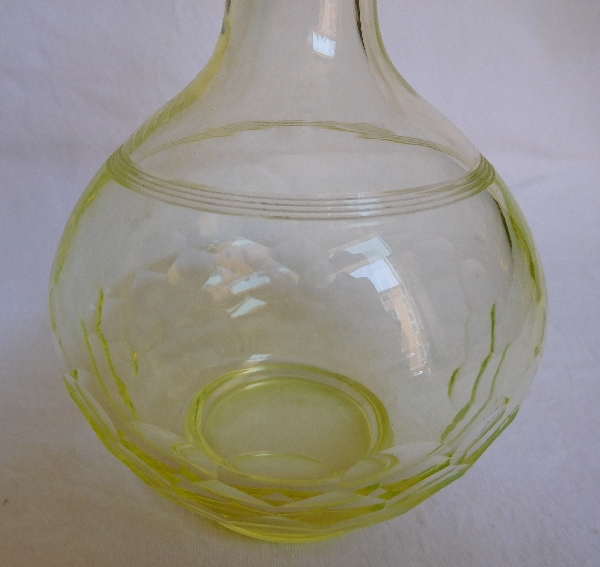 Baccarat crystal liquor decanter, Chauny pattern, rare light yellow colour, original paper sticker