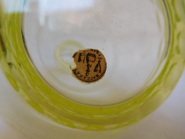 Baccarat crystal liquor decanter, Chauny pattern, rare light yellow colour, original paper sticker