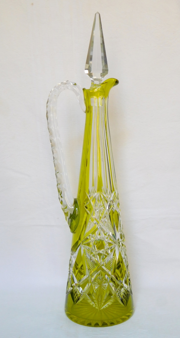 Green overlay Baccarat crystal wine decanter / ewer, Lagny pattern