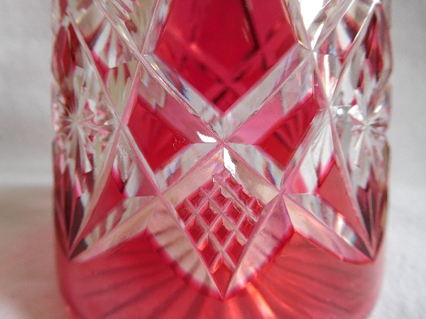Pink overlay Baccarat crystal liquor decanter, Lagny pattern