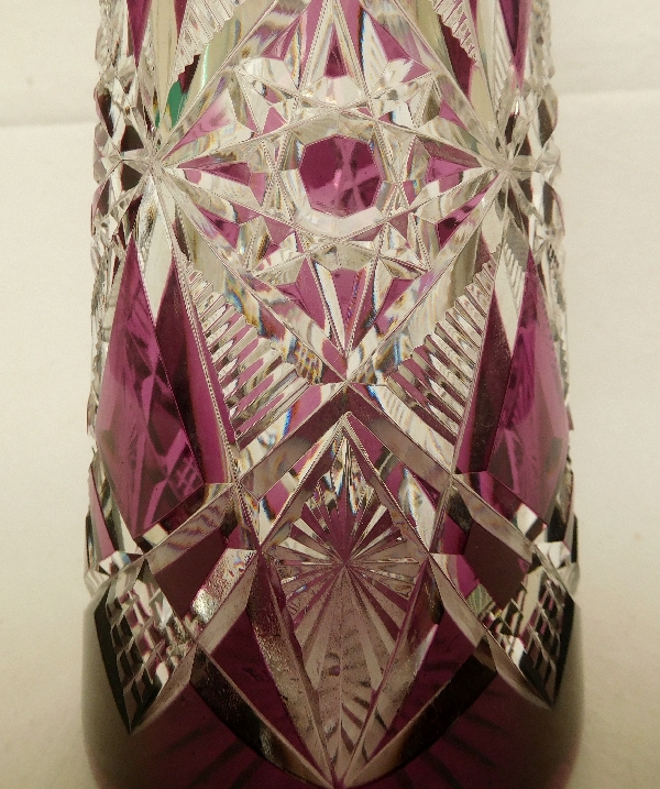 Tall purple overlay Baccarat crystal wine decanter, Lagny pattern