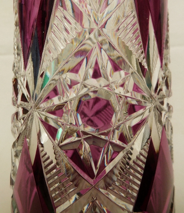 Tall purple overlay Baccarat crystal wine decanter, Lagny pattern