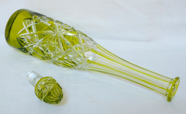 Baccarat crystal liquor decanter, Lagny pattern, light green overlay crystal